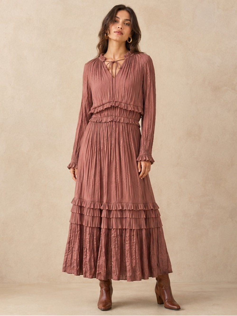 Current Air Dusty Rose Pleated Ruffle Midi Dress